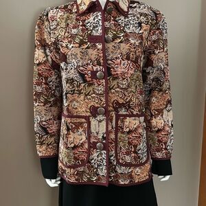 1990’s Cat Tapestry Collared Overcoat with Large Pockets and Metal   Buttons Bla